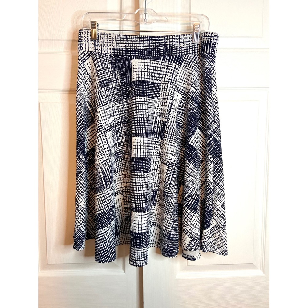 Tiffany & Grey Navy White Abstract Grid Print A-Line Skirt XL Made in USA